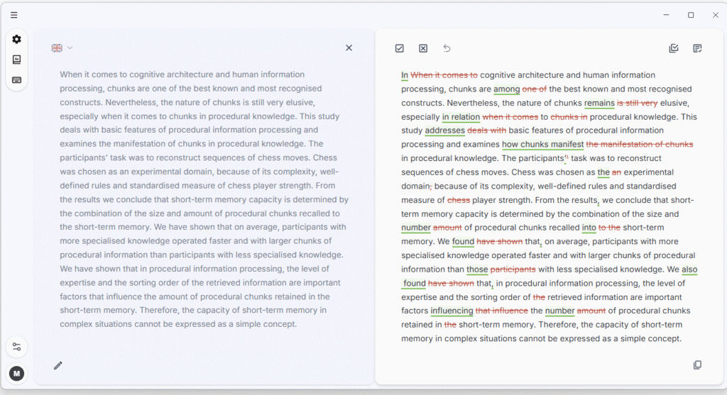 InstaText desktop Editor view with the original text and the improved version side by side