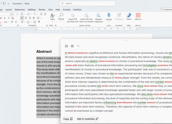 InstaText compact view open over a Microsoft Word document, showing tracked improvements ready to insert
