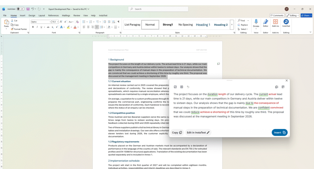 Accept and reject controls on a single suggestion in the InstaText desktop application