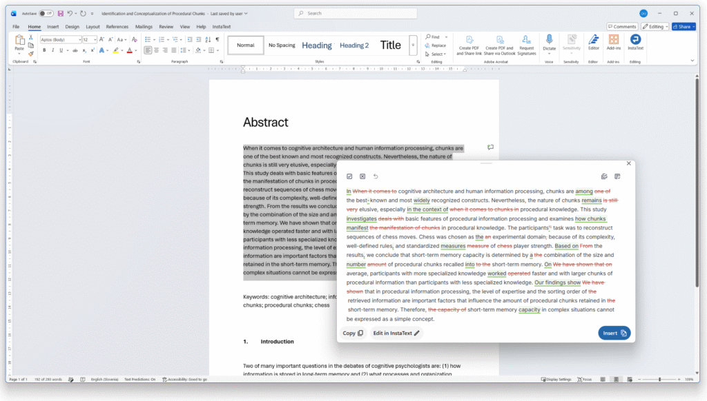 InstaText compact view over a Word document, with additions underlined and deletions struck through